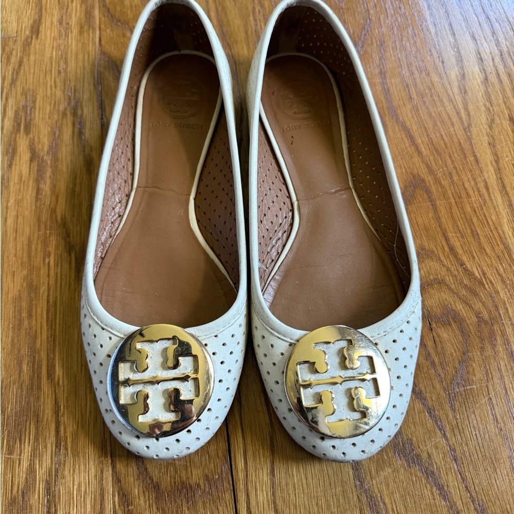 Tory Burch Perforated Cream Flats with Gold Logo